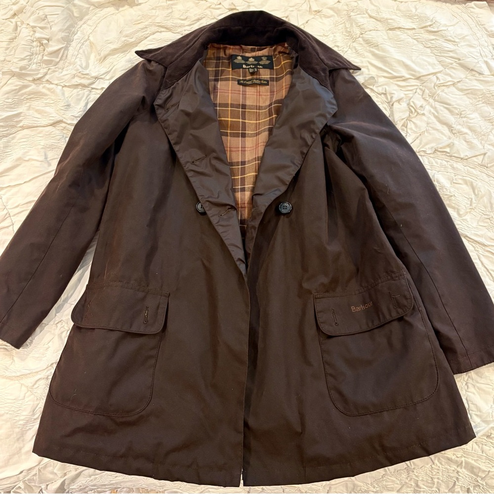 Barbour Dark Brown Waxed Trench Coat with Tartan Lining
